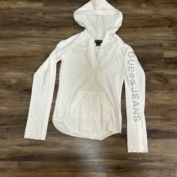 GUESS White Hooded Long Sleeve Top with Logo Sleeve - Picture 2 of 4
